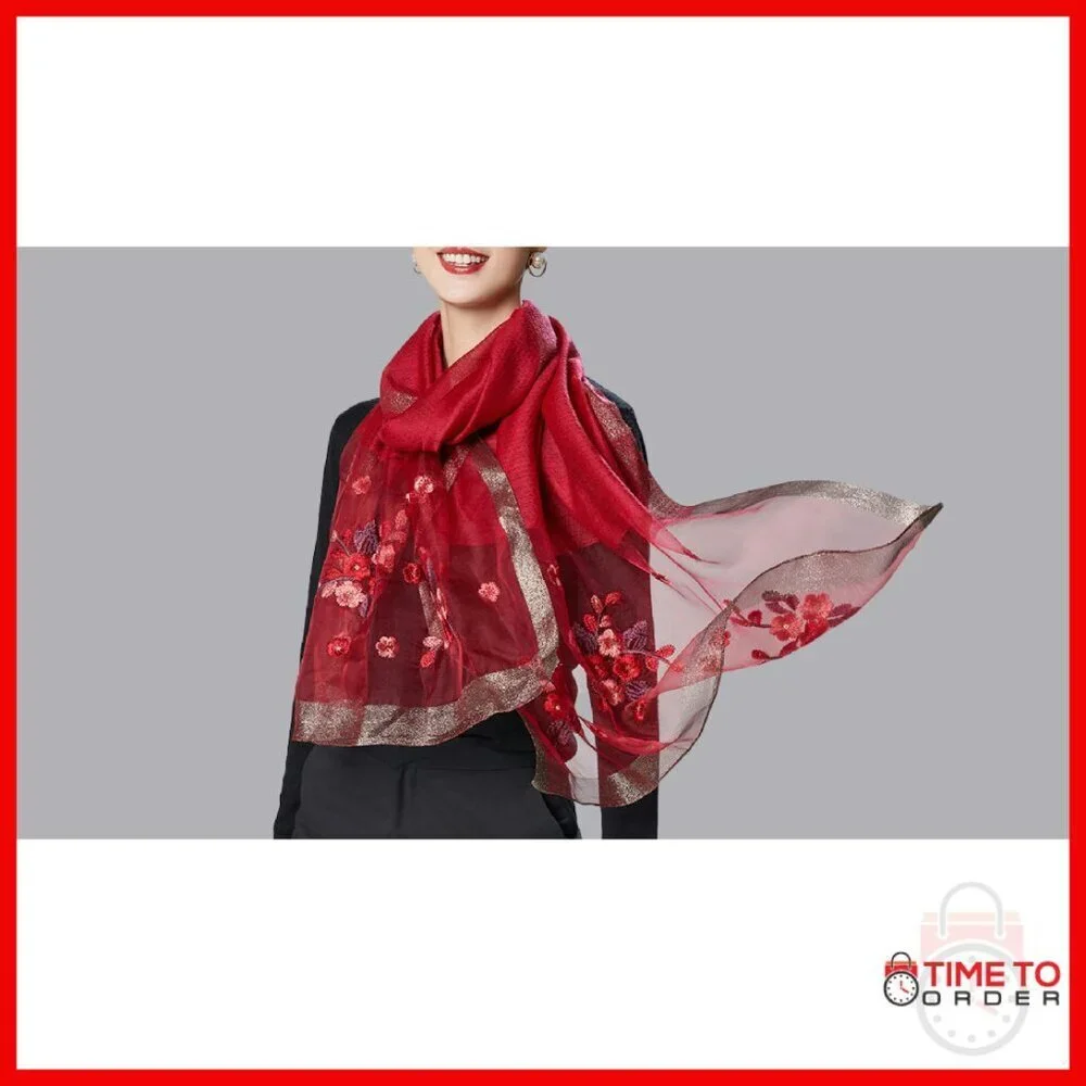 Large Silk Blend Scarf Shawl Wrap 75x28 Inches Lightweight Embroidered